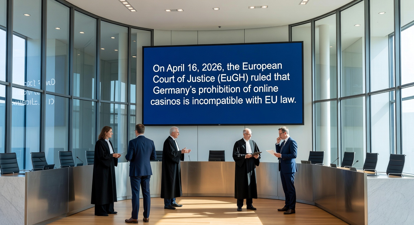 Gerichtssaal-Szene mit Anwälten und Richtern, die ein Urteil zum Glücksspielrecht verkünden, mit Fokus auf Dokumenten und EU-Flagge