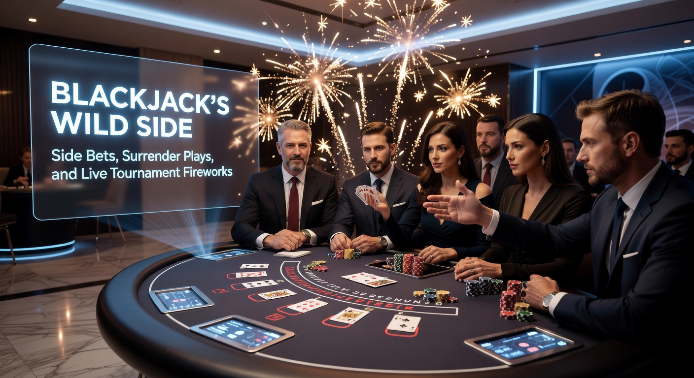 Live-Blackjack-Turnier-Szene mit jubelnden Spielern, Surrender-Optionen auf dem Tisch und Side-Bet-Displays im Hintergrund
