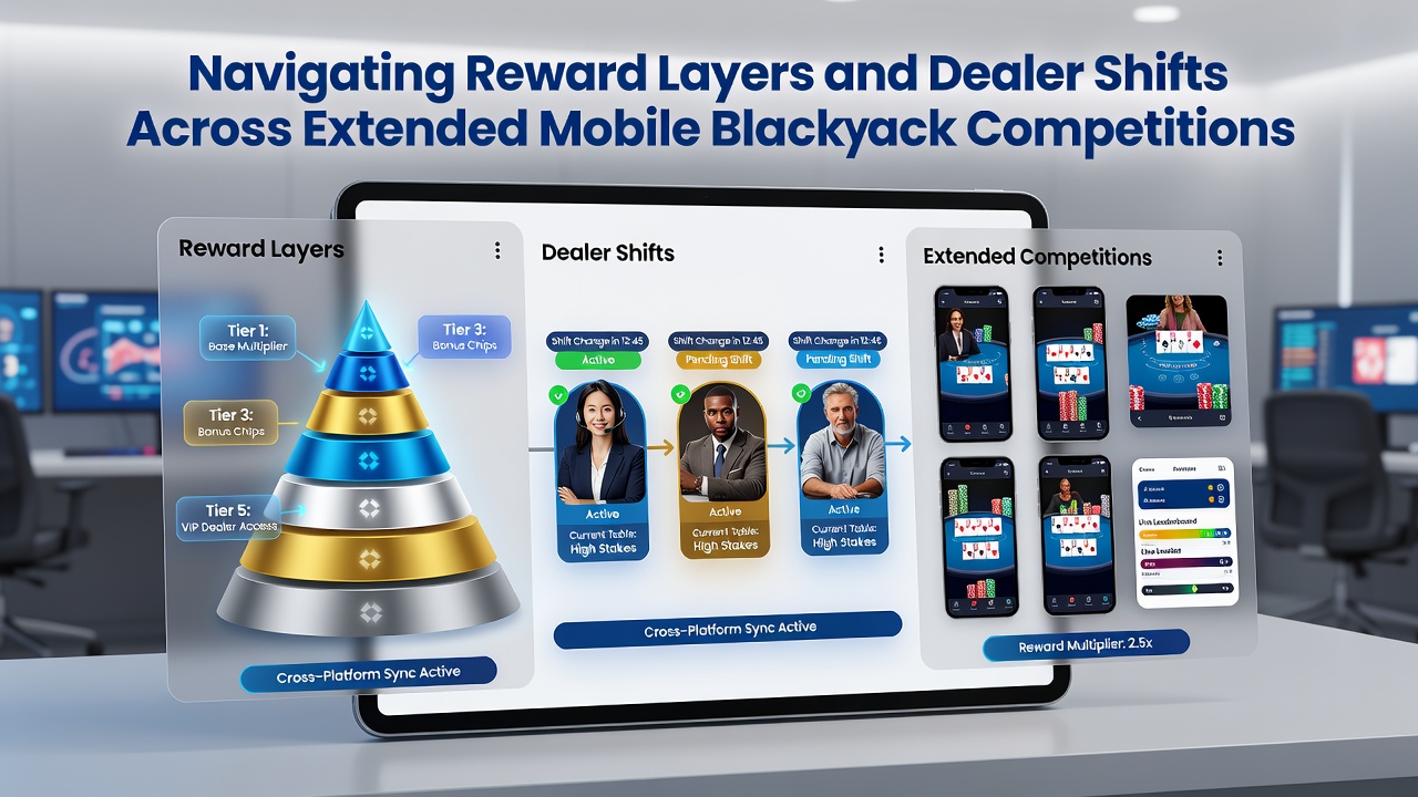 Detailansicht einer mobilen Blackjack-App mit Händlerrotation und Belohnungsfortschritt