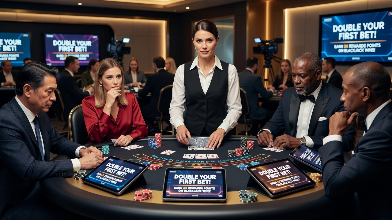 Detailaufnahme eines Live-Blackjack-Tisches mit Chip-Stapeln und Bonus-Benachrichtigungen auf dem Bildschirm