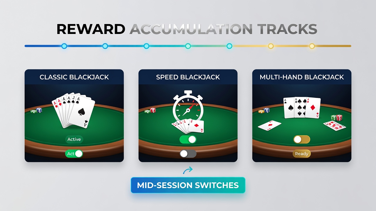 Dashboard eines mobilen Blackjack-Turniers mit Reward-Track und Variantenoptionen